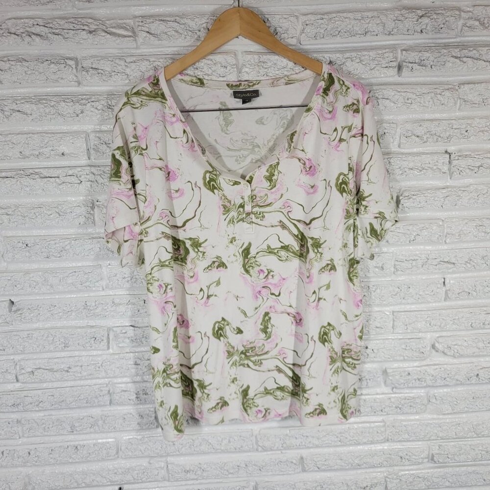 Style&Co Women's 3X Plus V-Neck Tunic Top Pink Green Marbled WAT1XE